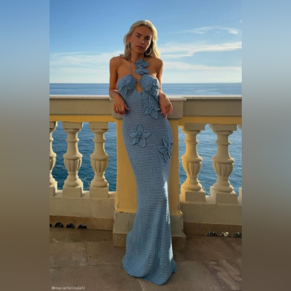 Meshki Kyla Floral Blue Crochet Maxi Dress, XS
